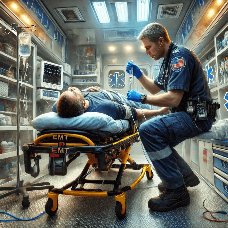 A detailed digital illustration of an emergency medical technician (EMT) inside an ambulance, administering pain management to a patient lying on a stretcher. The EMT is carefully monitoring vital signs while providing medication. The patient appears to be in distress but is receiving care. The ambulance interior is filled with medical equipment, including monitors and oxygen tanks. The scene is illuminated by a mix of cool blue and warm lighting, reflecting both the sterile medical environment and the compassionate care being given.