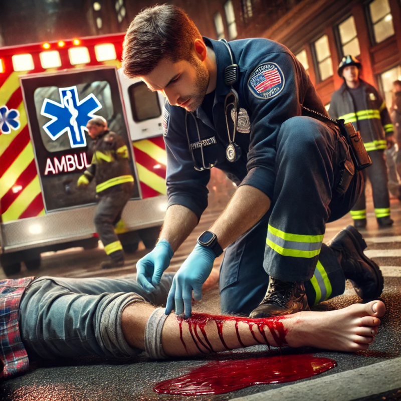 A paramedic wearing a uniform and medical gloves is kneeling on the ground, applying a tourniquet to a bleeding patient’s leg. The patient is lying on the pavement, appearing distressed. In the background, an ambulance with flashing emergency lights is parked nearby, along with a fire truck and multiple police cars. The scene takes place on a city street at night, illuminated by streetlights and the flashing emergency lights of the vehicles. The paramedic is focused, providing urgent medical care in a high-stakes situation. Expert Texas EMS Education on Tourniquet Use