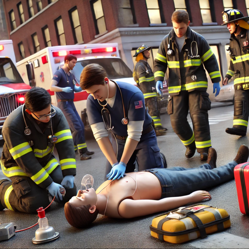 Two EMS providers perform CPR on a patient lying on the ground; one administers chest compressions while the other uses a bag valve mask for ventilation. Firefighters assist, with one preparing medical equipment and another providing support. In the background, an ambulance and a fire truck with emergency lights flashing are parked on an urban street, creating a sense of urgency and teamwork.