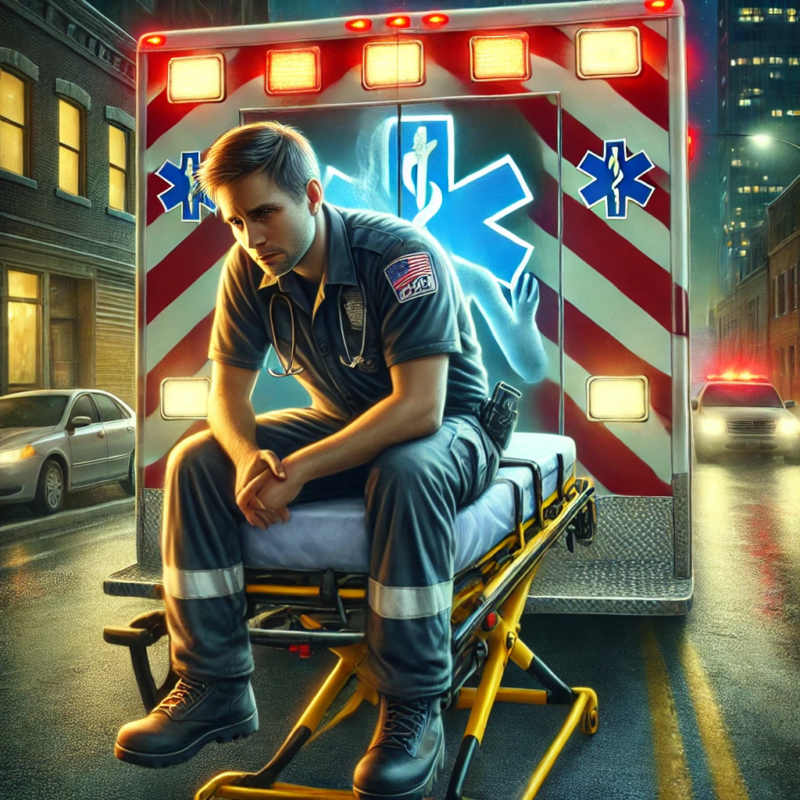 An exhausted EMS worker sits on the back of an ambulance at night, head slightly bowed, with flashing emergency lights illuminating the city street behind them. A subtle reflection of supportive coworkers is visible, symbolizing resilience and mental health support.