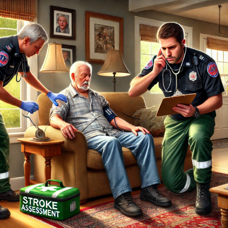 An EMS team assessing an elderly male patient for a stroke inside a home. The patient is seated on a couch in a living room, appearing confused with one side of his face drooping. One paramedic holds a clipboard with a stroke assessment checklist, while another checks the patient’s arm movement. The living room features a coffee table, a lamp, and family photos on the wall. The atmosphere is urgent but professional as the paramedics focus on their evaluation.