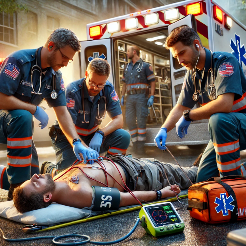 A team of emergency medical services (EMS) professionals is performing a trauma assessment on a patient at the scene of an accident. The paramedics, dressed in standard EMS uniforms, are using medical equipment such as a stethoscope and trauma dressing. One paramedic is checking the patient’s vitals while another provides stabilization. An ambulance with flashing emergency lights is visible in the background, emphasizing the urgency of the situation. The outdoor setting suggests a roadside or urban emergency response.