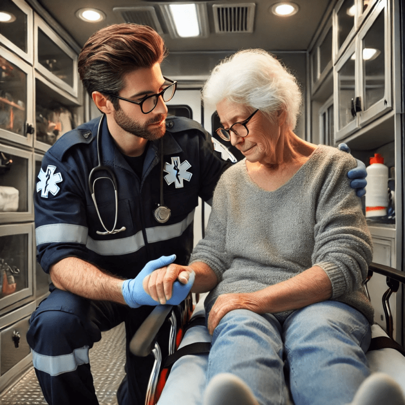 A compassionate paramedic in a navy blue EMS uniform with reflective stripes gently assists an elderly woman with white hair and glasses onto a stretcher inside an ambulance. The paramedic holds her hand reassuringly, creating a calm and supportive atmosphere. The ambulance interior is clean and well-equipped, with soft lighting emphasizing a sense of professionalism and care.