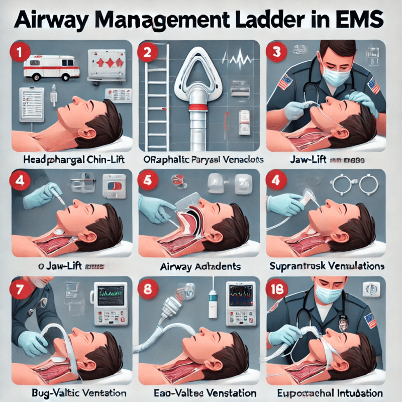 Alt Text for Second Image: Infographic titled “Airway Management Ladder in EMS” displayed in a clean, square layout with six color-coded sections progressing from top to bottom. Each section includes labeled illustrations and brief captions: 1. Head-Tilt/Chin-Lift and Jaw-Thrust Maneuvers – An EMS provider manually opens a patient’s airway using basic head positioning techniques. 2. OPA/NPA Airway Adjuncts – Visuals of oropharyngeal and nasopharyngeal airways being inserted into a patient. 3. Bag-Valve-Mask Ventilation – A responder uses a BVM to ventilate a patient lying supine. 4. Supraglottic Airways (i-gel or King LT) – An advanced airway device shown inserted in a mannequin or anatomical model. 5. Endotracheal Intubation – A detailed depiction of a tube being guided into the trachea using a laryngoscope. 6. Waveform Capnography Monitoring – A monitor screen displaying a CO2 waveform. Background features subtle EMS-themed icons, including a stethoscope, ambulance silhouette, and EKG line, giving the image a professional, emergency medical context.