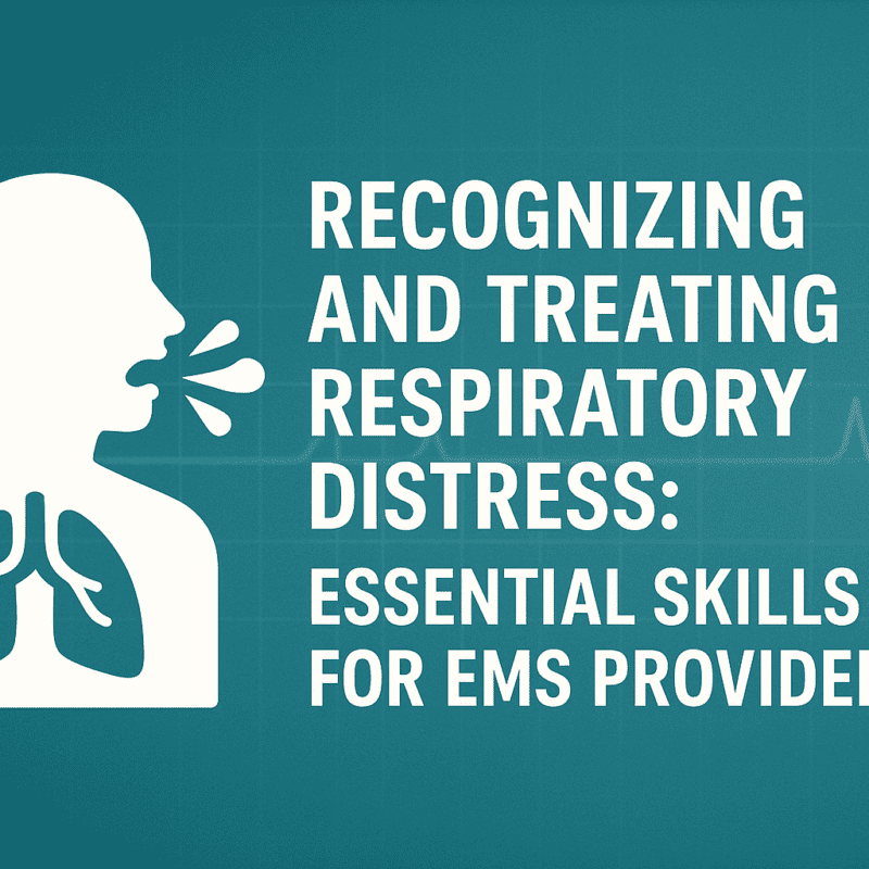 A teal-blue medical graphic featuring a white silhouette of a person with visible lungs and airway, exhaling visibly to represent respiratory distress. To the right, bold white text reads: "Recognizing and Treating Respiratory Distress: Essential Skills for EMS Providers." A subtle ECG waveform runs in the background.