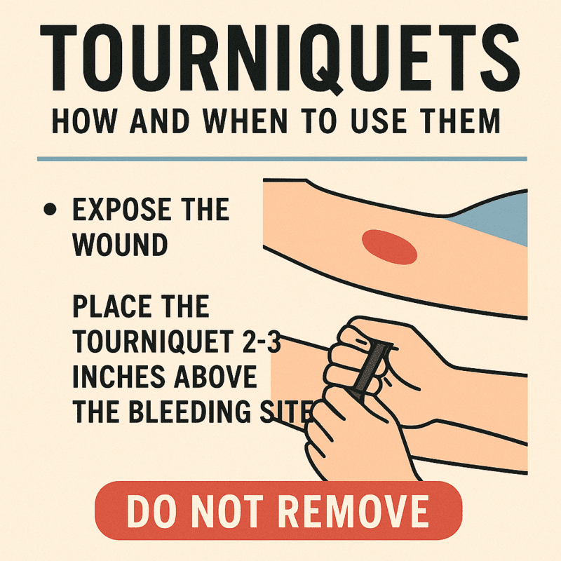 Square infographic titled "Tourniquets: How and When to Use Them" showing step-by-step instructions for proper tourniquet application. Visual elements include illustrations of an arm with a wound, placement of a tourniquet 2–3 inches above the bleed, tightening the windlass, and a bold red warning label at the bottom that reads “DO NOT REMOVE.” Designed in flat-style with beige, red, blue, and black colors for easy readability on social media.