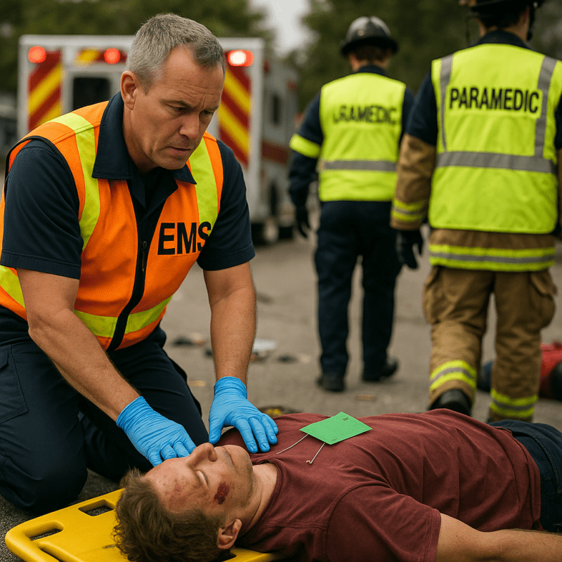 EMS personnel provide medical care to an injured man during a mass casualty incident. A paramedic in a reflective vest kneels beside the patient on a stretcher, while other responders, including firefighters and paramedics, work in the background near ambulances.