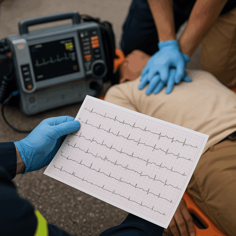 A paramedic wearing blue gloves holds an ECG printout while another provider performs chest compressions on a patient lying on a backboard, with a cardiac monitor displaying heart rhythms in the background.