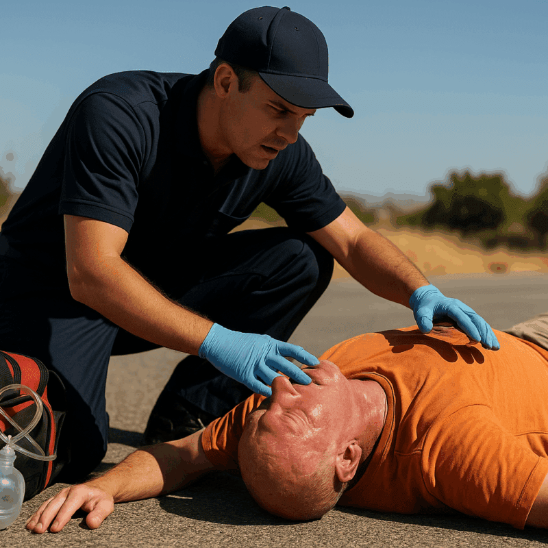 An EMT wearing blue gloves and a navy uniform kneels on a sunlit asphalt road, assessing an unconscious, flushed man in an orange shirt who appears to be suffering from heat stroke. A red medical bag with airway equipment sits nearby, and dry grass and trees line the background under a clear blue sky.