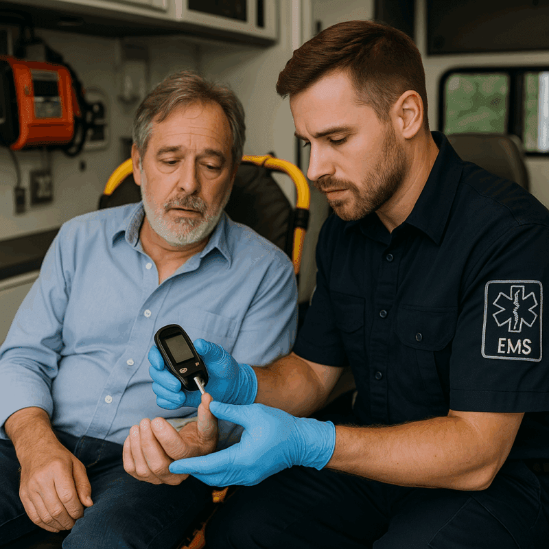 An EMS paramedic wearing navy blue uniform and blue gloves checks the blood sugar of an older male patient using a glucometer in the back of an ambulance. The patient, seated on a stretcher, appears fatigued and is being closely observed.