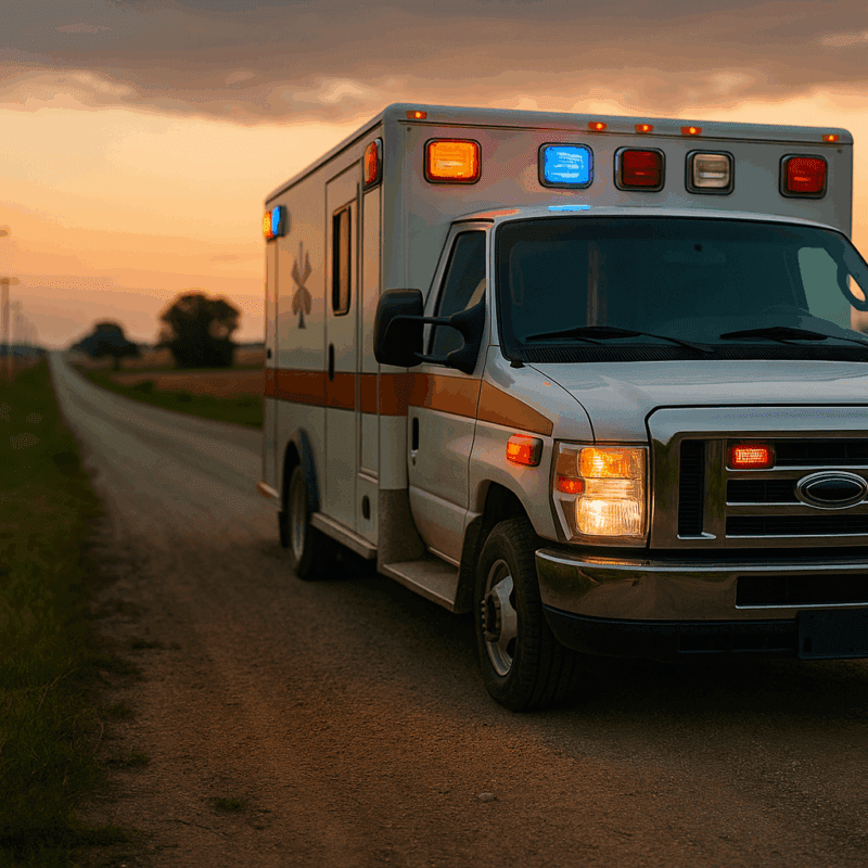 An ambulance with emergency lights flashing is parked on the shoulder of a rural two-lane road at sunset, surrounded by open fields, power lines, and distant trees under a colorful sky.
