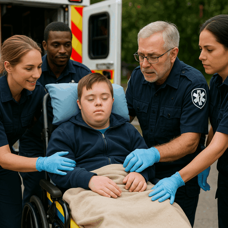 Four EMS professionals gently assist a young boy with Down syndrome who is seated in a wheelchair, wrapped in a beige blanket with a supportive blue pillow. They are outside near an ambulance, showing compassionate care and teamwork.