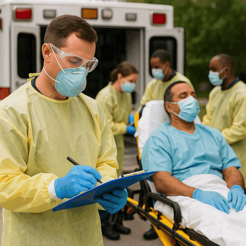 EMS professionals wearing full protective gear, including masks, gloves, gowns, and eye protection, attend to a patient on a stretcher outside an ambulance, with one provider documenting care on a clipboard.