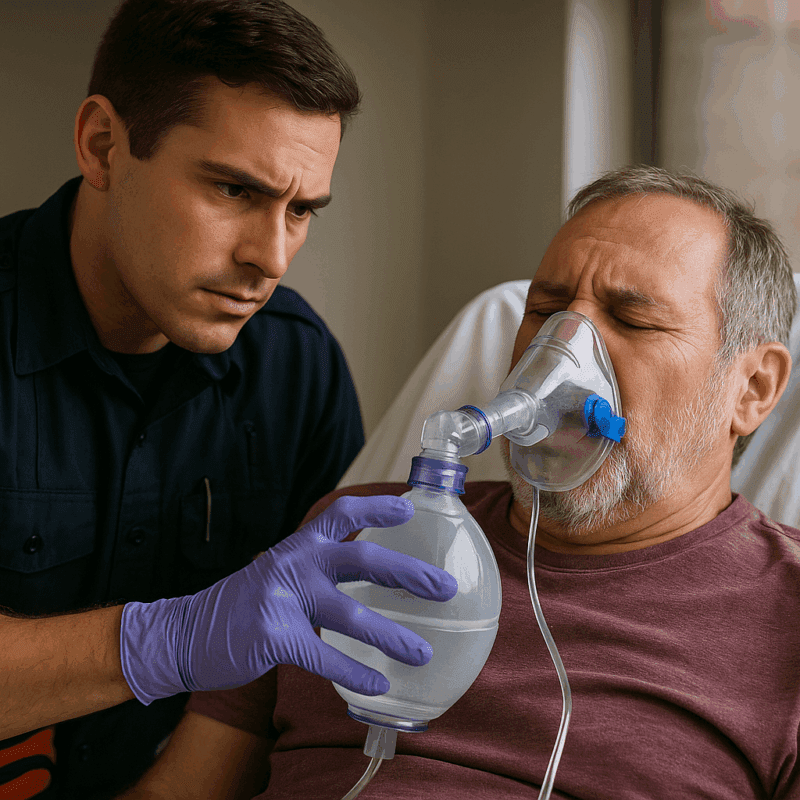 An EMT in a navy uniform attentively assists a middle-aged man in respiratory distress by holding a bag-valve-mask to the patient’s face, who is seated on a stretcher near a window.