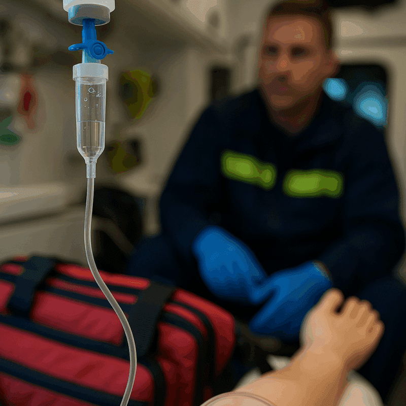 Close-up of an intravenous (IV) setup inserted into a mannequin's arm inside an ambulance, with an EMS provider in blue gloves blurred in the background and medical equipment visible nearby.