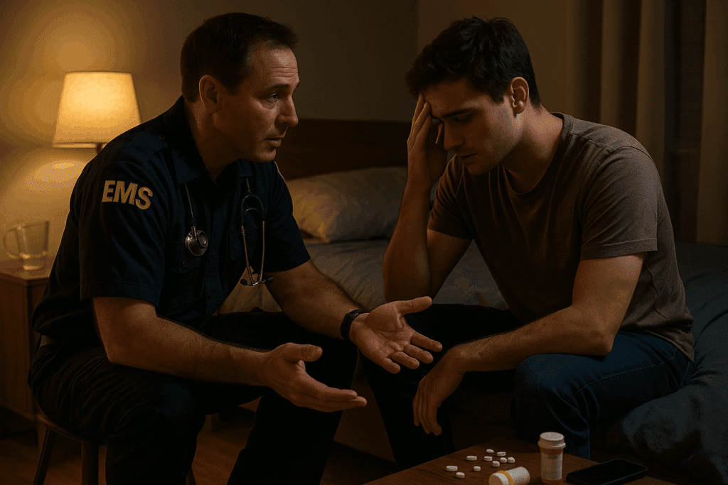 An EMS paramedic in a navy uniform kneels beside a distressed young man sitting on a bed in a dimly lit bedroom. The paramedic speaks calmly with one hand extended, while the young man holds his head in his hand. On a table in front of them are scattered pills, a pill bottle, a cellphone, and a tipped-over glass of water, illuminated by the warm glow of a nearby lamp.