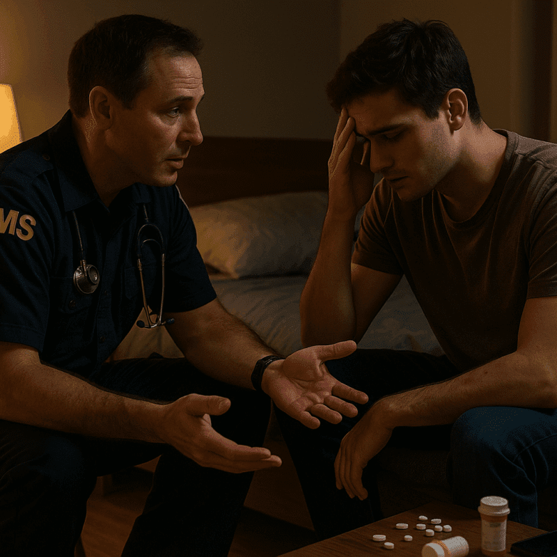 An EMS paramedic in a navy uniform kneels beside a distressed young man sitting on a bed in a dimly lit bedroom. The paramedic speaks calmly with one hand extended, while the young man holds his head in his hand. On a table in front of them are scattered pills, a pill bottle, a cellphone, and a tipped-over glass of water, illuminated by the warm glow of a nearby lamp.