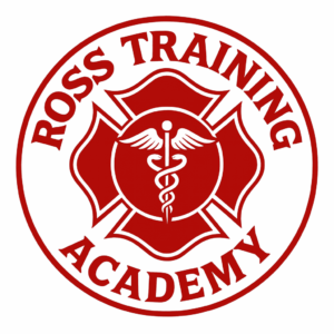 The image is a circular red and white logo for Ross Training Academy. It features a Maltese cross in the center with a caduceus symbol, representing emergency medical services. The words “ROSS TRAINING” curve along the top of the circle, and “ACADEMY” curves along the bottom.