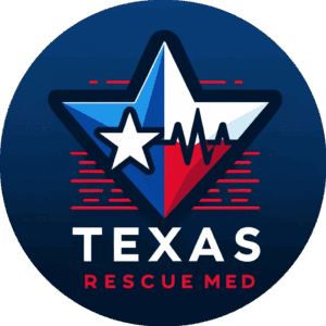 Texas Rescue Med circular logo featuring a stylized star divided into blue, white, and red sections with an ECG heartbeat line through the center, set on a dark blue background, with the words ‘Texas Rescue Med’ below.