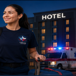 Out-of-town EMS student with luggage near a hotel and ambulance, representing Texas Rescue Med travel package options