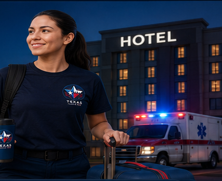 trm-travel-hero-visual-clean Out-of-town EMS student with luggage near a hotel and ambulance, representing Texas Rescue Med travel package options